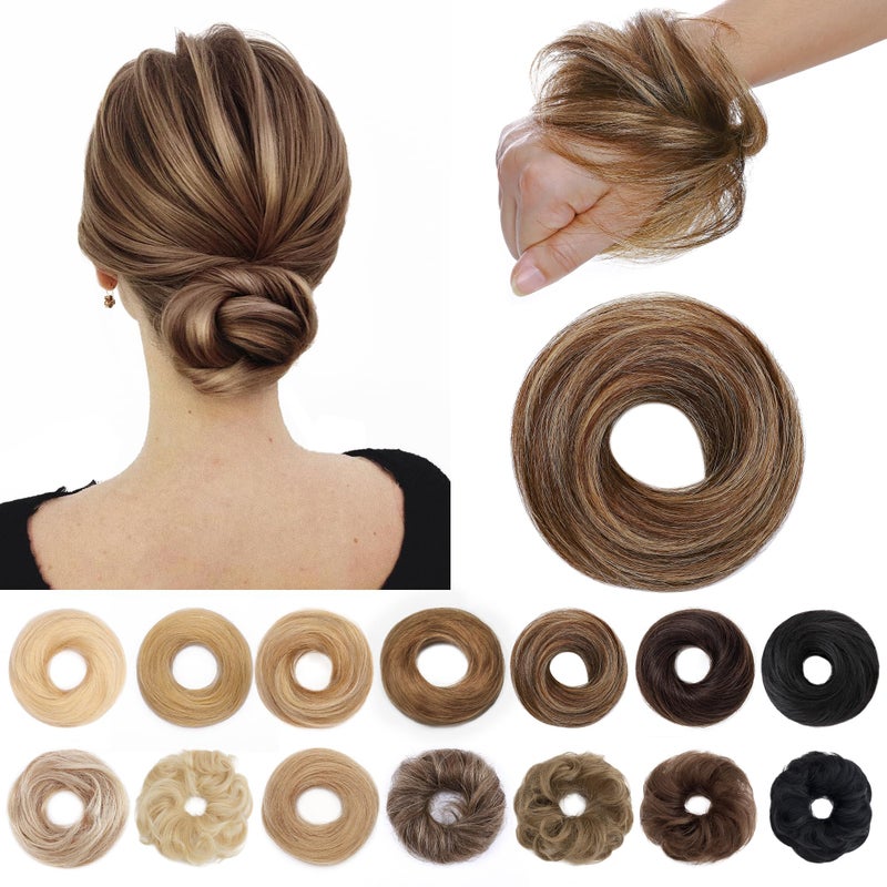 SEGO Human Hair Messy Bun Hairpieces Real Scrunchies Natural Wavy Smoothed Updo Donut Chignon Ponytail Extensions for Women Girls-#4P27 Medium Brown&Dark Blonde - Image 1
