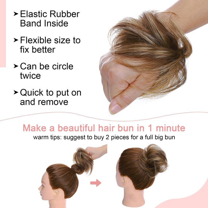 SEGO Human Hair Messy Bun Hairpieces Real Scrunchies Natural Wavy Smoothed Updo Donut Chignon Ponytail Extensions for Women Girls-#4P27 Medium Brown&Dark Blonde - Image 4