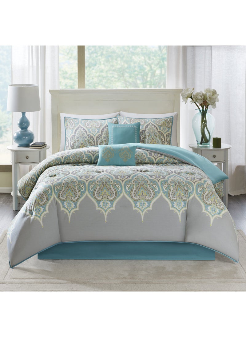 Comfort Spaces Comfort Spaces Cozy Comforter SetModern Classic Design All Season Down Alternative Bedding Matching Shams Bedskirt Decorative Pillows King Mona Paisley GreyTeal 6 Piece 