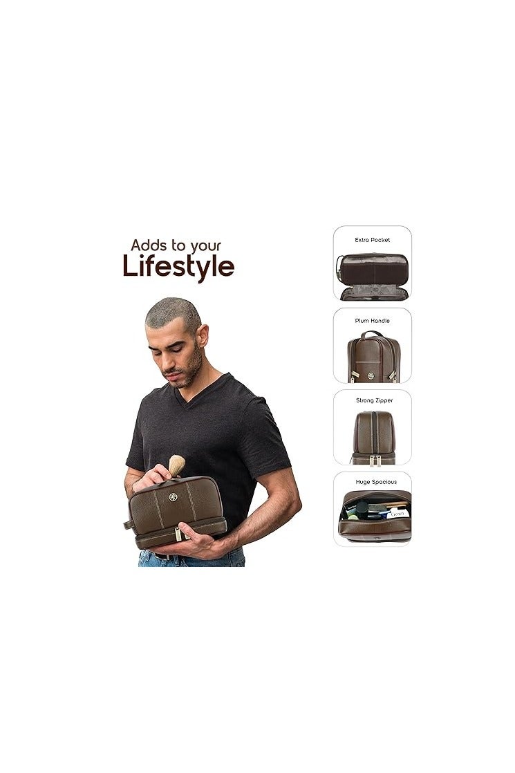HAMMONDS FLYCATCHER Hammonds Flycatcher Genuine Leather Toiletry Bag for Men and Women Cosmetic Organizer Bag, Travel Organizer Pouch, Shaving Kit Bag for Men Toiletry Pouch for Men with Multiple Pockets - Brown - Image 2