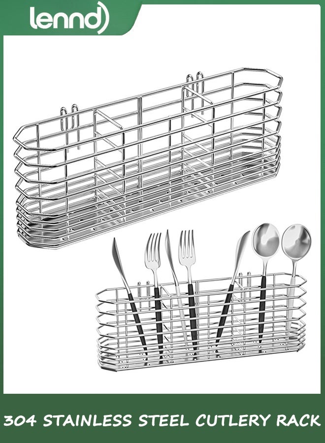 LENND 304 Stainless Steel Utensil Holder, Dish Drying Rack, kitchen Utensil Organizer, Knife and Fork Drainage Rack, Kitchen Drainage Basket Accessories, With Hooks, Rust Proof - Image 1