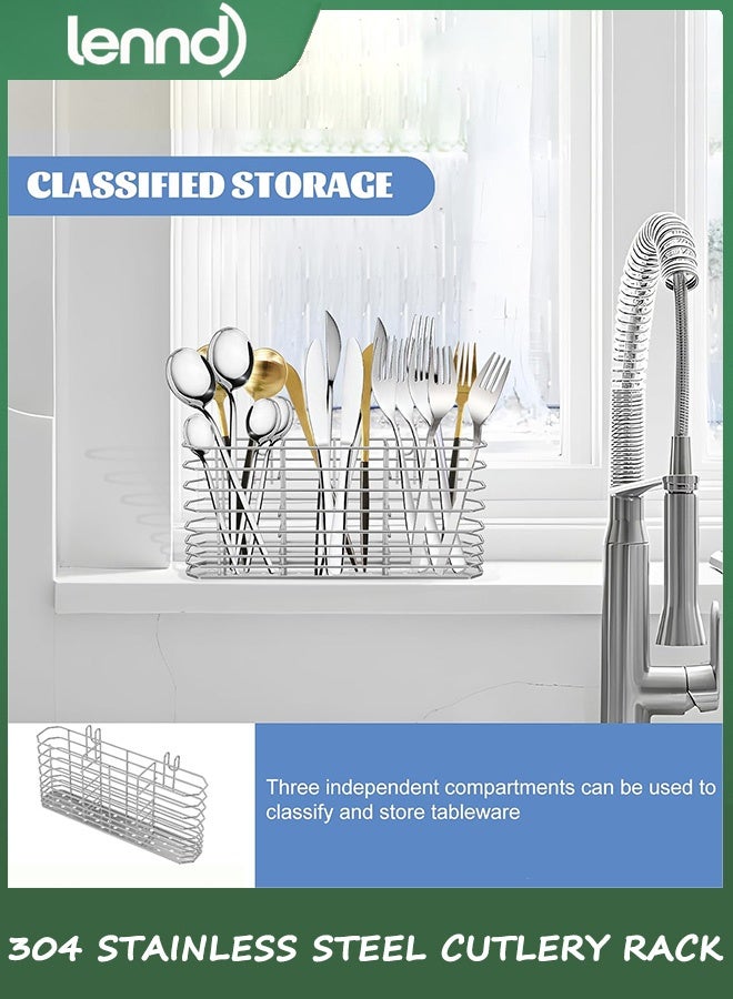 LENND 304 Stainless Steel Utensil Holder, Dish Drying Rack, kitchen Utensil Organizer, Knife and Fork Drainage Rack, Kitchen Drainage Basket Accessories, With Hooks, Rust Proof - Image 5