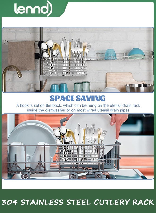 LENND 304 Stainless Steel Utensil Holder, Dish Drying Rack, kitchen Utensil Organizer, Knife and Fork Drainage Rack, Kitchen Drainage Basket Accessories, With Hooks, Rust Proof - Image 4