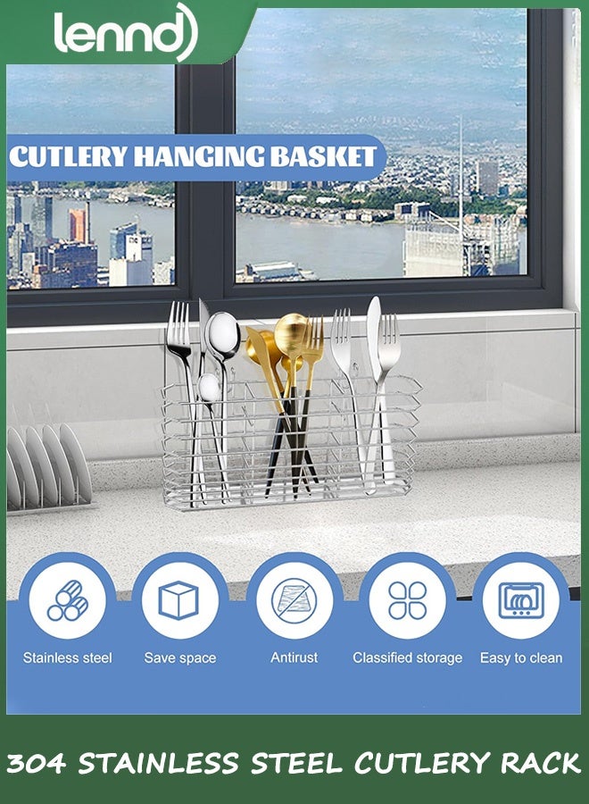 LENND 304 Stainless Steel Utensil Holder, Dish Drying Rack, kitchen Utensil Organizer, Knife and Fork Drainage Rack, Kitchen Drainage Basket Accessories, With Hooks, Rust Proof - Image 3