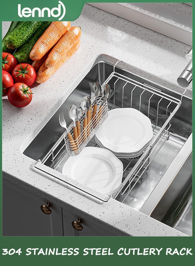 لينند حامل أدوات من الفولاذ المقاوم للصدأ 304، رف تجفيف الأطباق، منظم أدوات المطبخ، رف تصريف السكاكين والشوك، ملحقات سلة تصريف المطبخ، مع خطافات، مقاوم للصدأ - Image 1