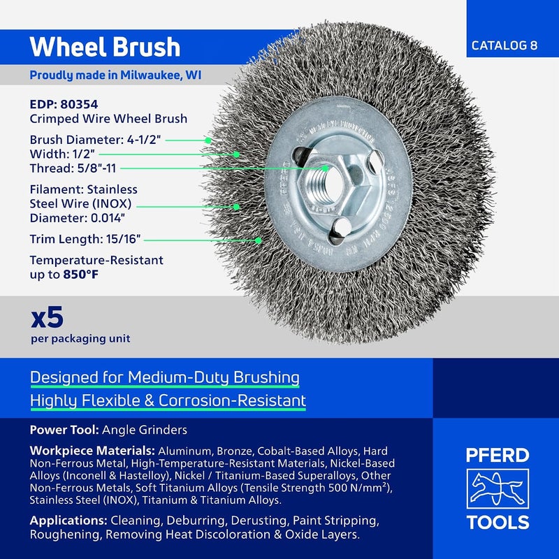 PFERD 80354 Crimped Wheel Brush, Stainless Steel Wire, 4-1/2" Diameter, 5/8-11 Thread, 0.014 Wire Size, 15/16" Trim Length, 1/2" Face Width, 12500 RPM - Image 3