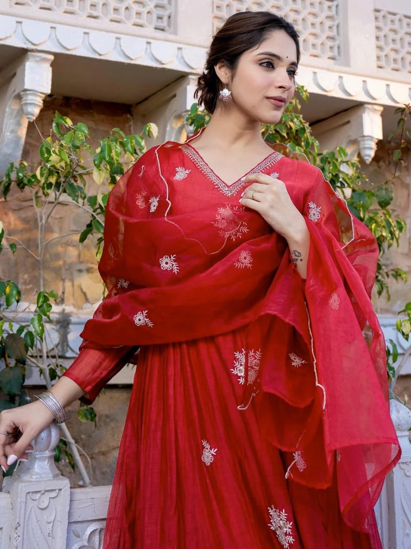 Naixa Women's Chanderi Silk Embroidered Flared Kurta with Pant and Dupatta Sets (NX-M-Kiana-Red-M) - Image 5