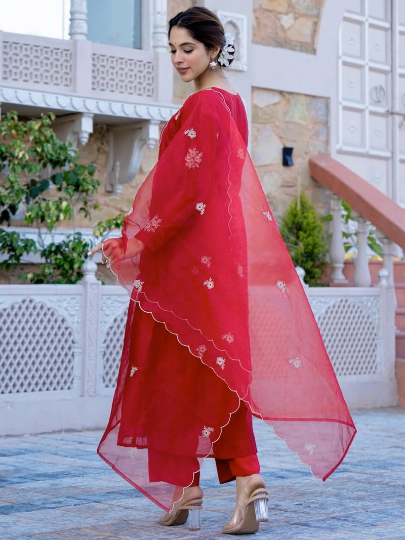 Naixa Women's Chanderi Silk Embroidered Flared Kurta with Pant and Dupatta Sets (NX-M-Kiana-Red-M) - Image 4