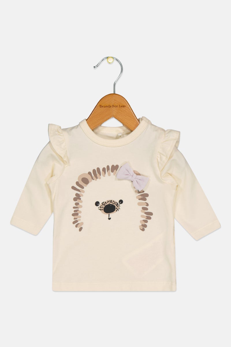 NAME IT Toddlers Girl Crew Neck Graphic Print Long Sleeve Top, Cream - Image 1