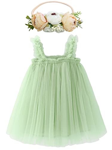 BGFKS Layered Tulle Tutu Dress for Toddler Girls,Baby Girl Rainbow Tutu Princess Skirt Set with Flower Headband.(Light Green,2T) - Image 1