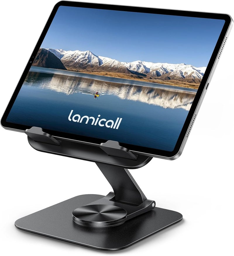 Lamicall Adjustable Tablet Stand for Desk - Ultra-Slim & Foldable, 360° Rotation, Heavy-Duty Metal Base - Image 1