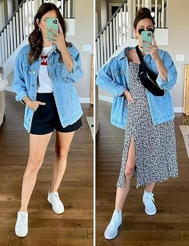 Omoone جاكيت جينز نسائي كبير الحجم متوسط الطول من أومون (0199-دنيم أزرق-L) - Image 3