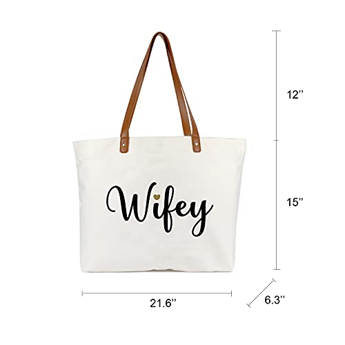 Lamyba Wifey Tote Bag with Makeup Bag, Gifts for Engagement/Bridal Shower/Bachelorette/Wedding Party Canvas White - Image 2