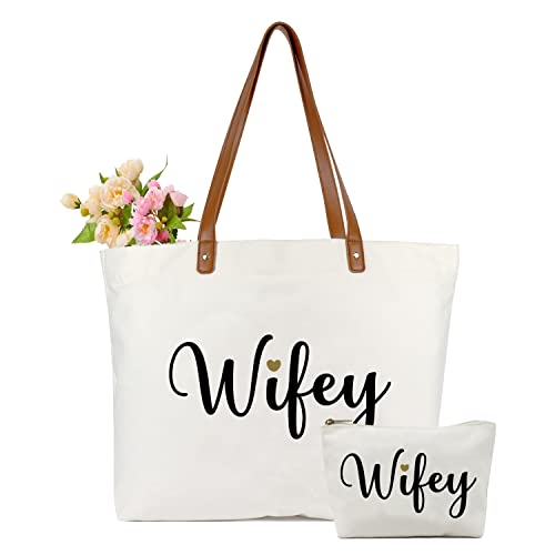 Lamyba Wifey Tote Bag with Makeup Bag, Gifts for Engagement/Bridal Shower/Bachelorette/Wedding Party Canvas White - Image 1