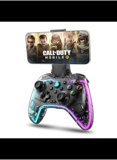 Wireless Game Controller for iOS, Android, Nintendo Switch, PS5, PS4, PS3, PC, Transparent Gamepad with 7 Colors LED Light/Customized Buttons/Turbo, with Phone Mount
