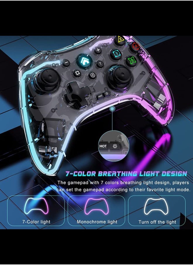 Generic - Wireless Game Controller for iOS, Android, Nintendo Switch, PS5, PS4, PS3, PC, Transparent Gamepad with 7 Colors LED Light/Customized Buttons/Turbo, with Phone Mount - Image 1