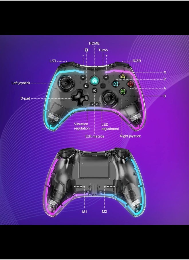 Generic - Wireless Game Controller for iOS, Android, Nintendo Switch, PS5, PS4, PS3, PC, Transparent Gamepad with 7 Colors LED Light/Customized Buttons/Turbo, with Phone Mount - Image 1
