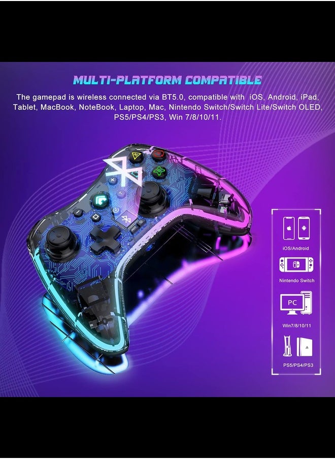 Generic - Wireless Game Controller for iOS, Android, Nintendo Switch, PS5, PS4, PS3, PC, Transparent Gamepad with 7 Colors LED Light/Customized Buttons/Turbo, with Phone Mount - Image 1