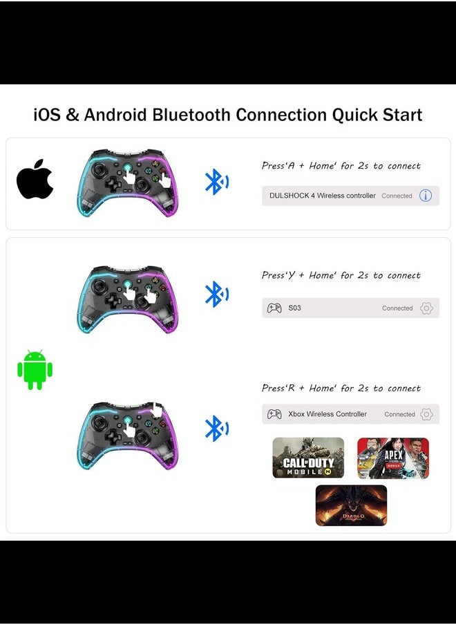 Generic - Wireless Game Controller for iOS, Android, Nintendo Switch, PS5, PS4, PS3, PC, Transparent Gamepad with 7 Colors LED Light/Customized Buttons/Turbo, with Phone Mount - Image 1