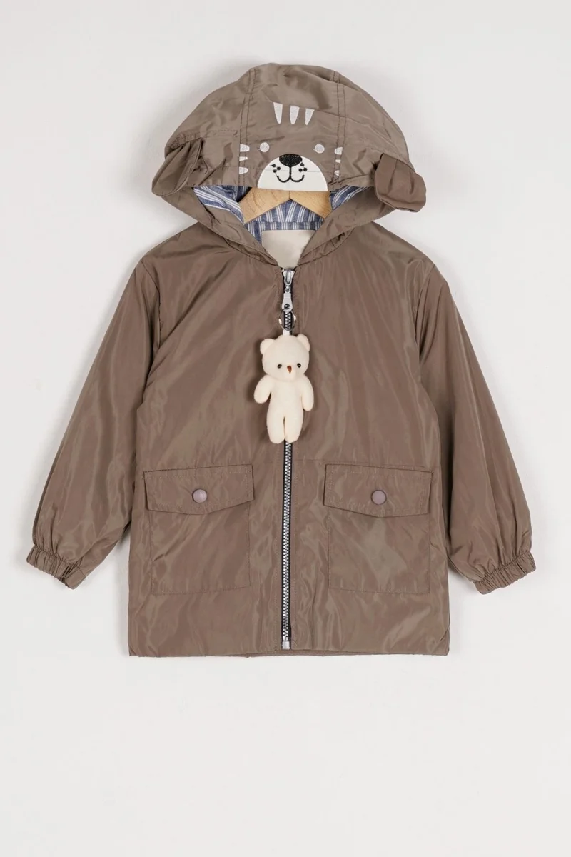 Zepkids Hooded Long Sleeve Zippered Teddy Bear Accessory Beige Color Boy's Raincoat