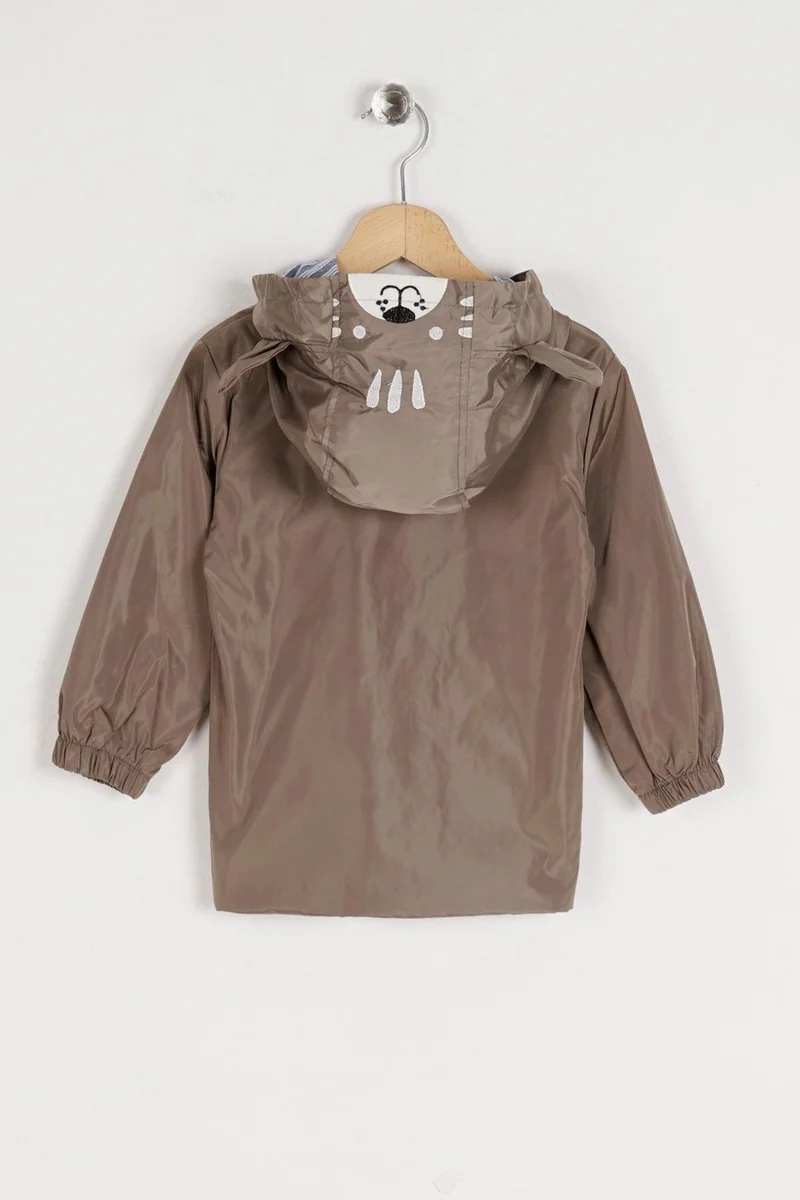 Zepkids Hooded Long Sleeve Zippered Teddy Bear Accessory Beige Color Boy's Raincoat