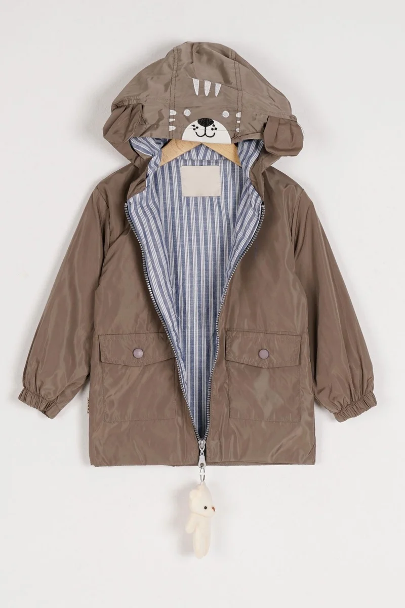 Zepkids Hooded Long Sleeve Zippered Teddy Bear Accessory Beige Color Boy's Raincoat