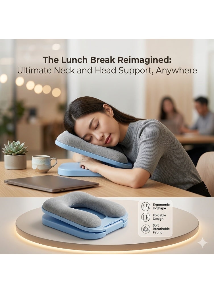 Leostar Foldable Desktop Nap Pillow for Office & School - Ergonomic U-Shaped Memory Foam Face Down Sleeping Cushion, Head and Neck Support Desk Pillow for Kids & Adults - Blue - Image 1