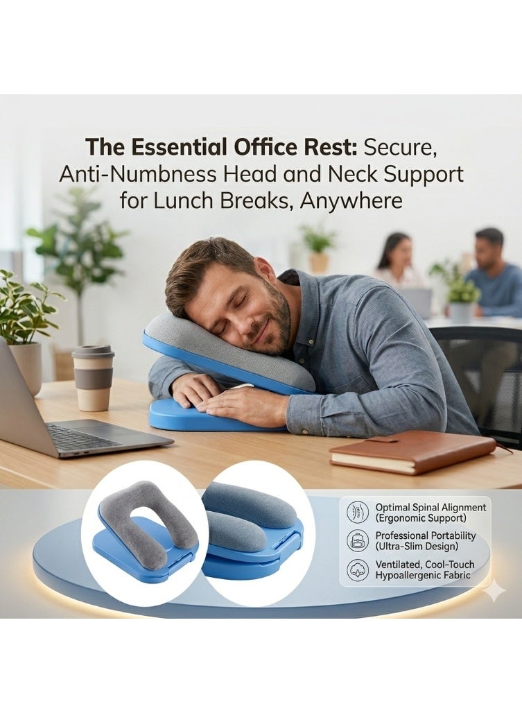 Leostar Foldable Desktop Nap Pillow for Office & School - Ergonomic U-Shaped Memory Foam Face Down Sleeping Cushion, Head and Neck Support Desk Pillow for Kids & Adults - Blue - Image 3