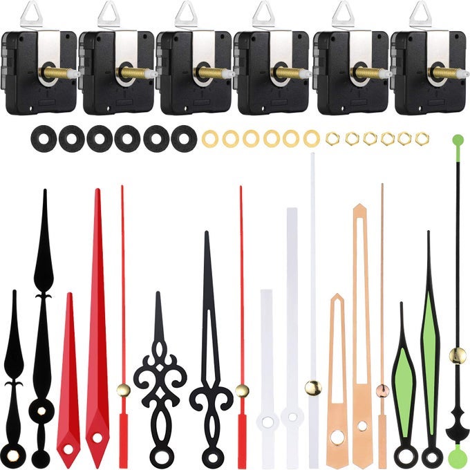 6 PIECES HIGH TORQUE LONG SHAFT CLOCK MOVEMENT MECHANISM WITH PASTERS HOOKS AND 6 DIFFERENT PAIRS OF HANDS CLOCK REPAIR PARTS REPLACEMENT 28 MM 110 INCHES