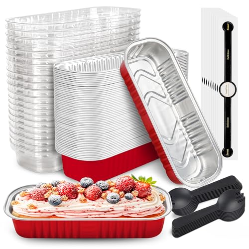 NPLUX 50 PACK Mini Cake Pans with Lids and Spoons Rectangular Aluminum Foil Bread Pan Mini Loaf Pans and Food Containers with LidsRed 68oz - Image 1