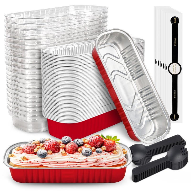 NPLUX 50 PACK Mini Cake Pans with Lids and Spoons Rectangular Aluminum Foil Bread Pan Mini Loaf Pans and Food Containers with LidsRed 68oz - Image 2