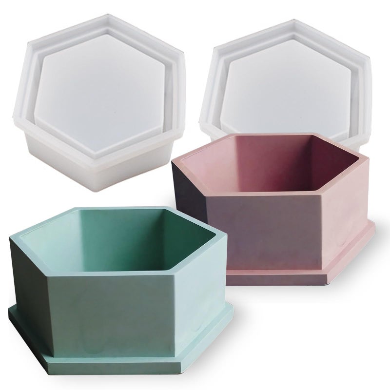 Wehous 2PCS Hexagon Candle Jar Silicone Molds, Geometric Container Plant Pot Silicone Molds for Resin Concrete, Epoxy Resin Casting Storage Box Molds for Jewelry Holder Trinket Tray Art Craft Decor - Image 1