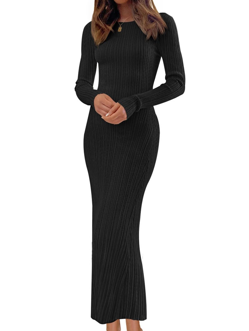MEROKEETY Womens 2025 Fall Crew Neck Ribbed Knit Maxi Dresses Long Sleeve Bodycon Sweater Dress Black S