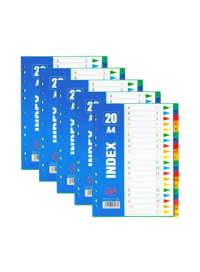5 Pack A4 Extra Wide 20 Part Plastic File Dividers with Blank Tabs - 11-Hole Multipunched Subject Folder for Ring Binders - Image 1