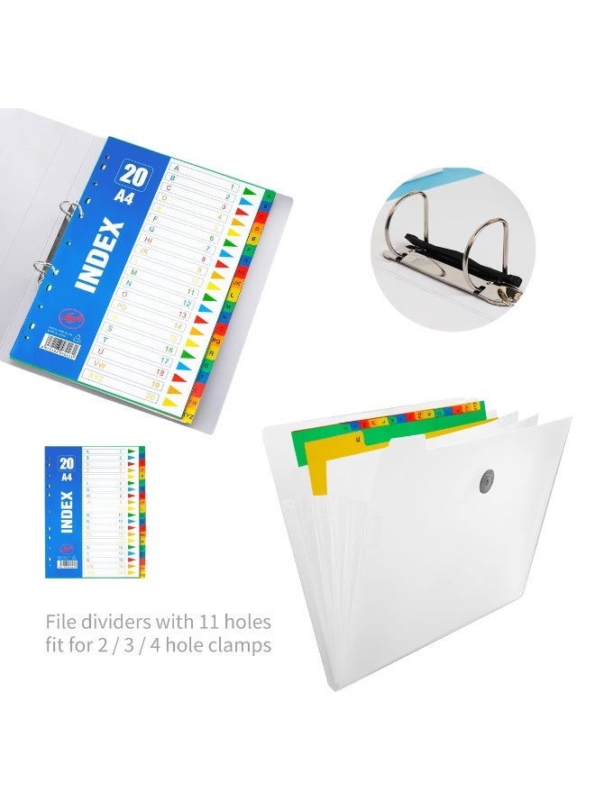 5 Pack A4 Extra Wide 20 Part Plastic File Dividers with Blank Tabs - 11-Hole Multipunched Subject Folder for Ring Binders - Image 3