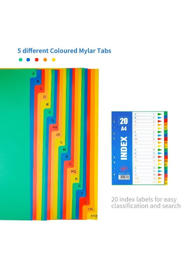 5 Pack A4 Extra Wide 20 Part Plastic File Dividers with Blank Tabs - 11-Hole Multipunched Subject Folder for Ring Binders - Image 5