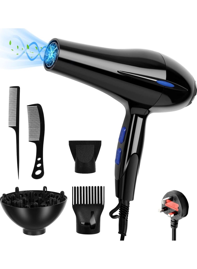 High-wattage Black Professional Hair Dryer Fast Drying Salon with 2 Speed 3 Heat Setting Cool on Diffuser Nozzle Concentrator Comb for Curly and Straight - Image 1