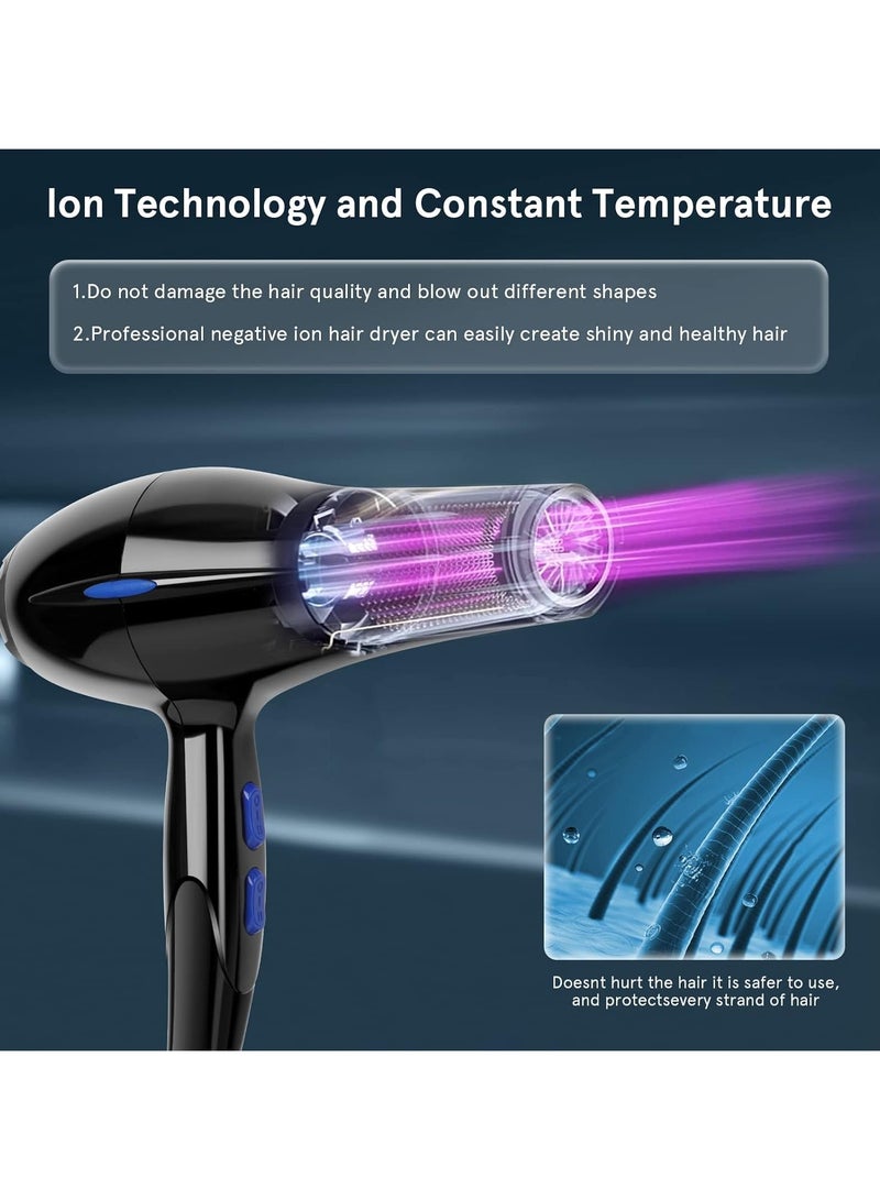High-wattage Black Professional Hair Dryer Fast Drying Salon with 2 Speed 3 Heat Setting Cool on Diffuser Nozzle Concentrator Comb for Curly and Straight - Image 5