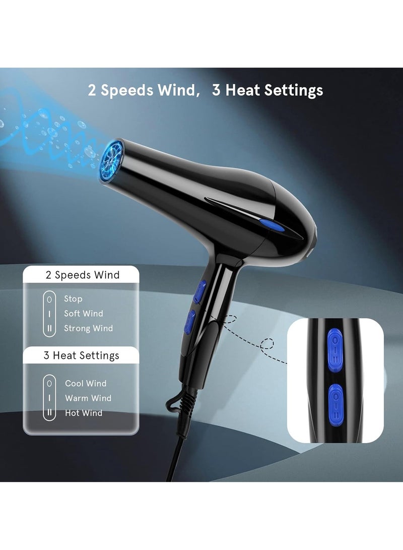 High-wattage Black Professional Hair Dryer Fast Drying Salon with 2 Speed 3 Heat Setting Cool on Diffuser Nozzle Concentrator Comb for Curly and Straight - Image 2