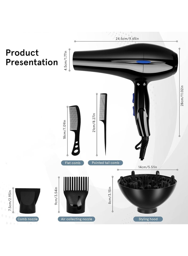 High-wattage Black Professional Hair Dryer Fast Drying Salon with 2 Speed 3 Heat Setting Cool on Diffuser Nozzle Concentrator Comb for Curly and Straight - Image 3