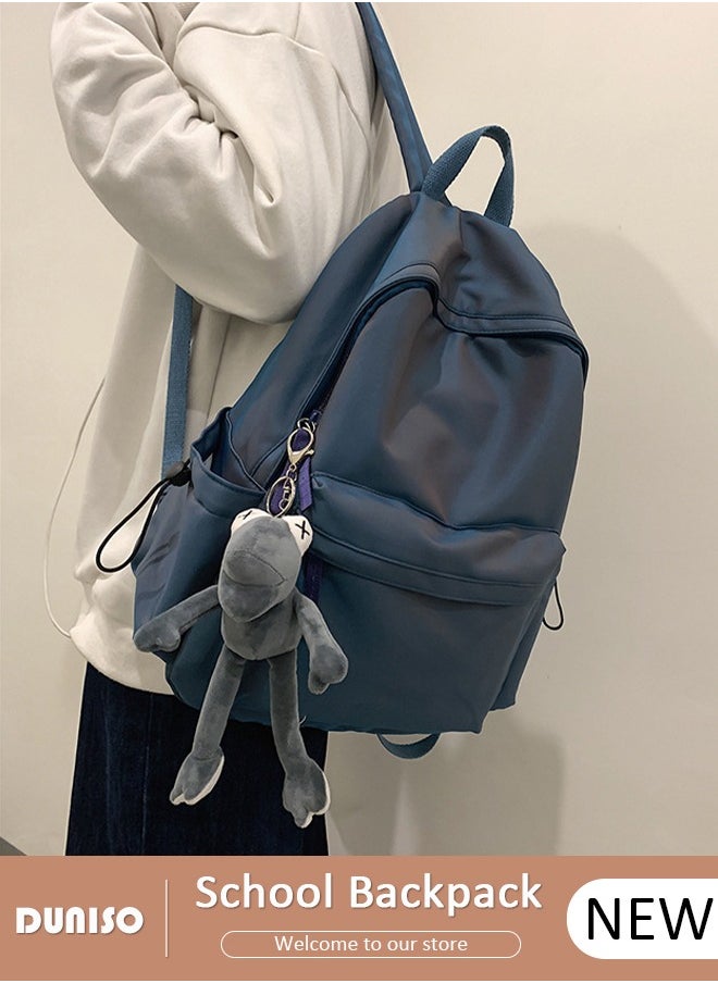 DUNISO Simple And Textured School Backpack With Zipper,Waterproof Backpack For Boys and Girls,Aesthetic Backpack With a Pendant Doll,College Student Laptop Bag,Lightweight And Large Capacity Travel Bag  - Image 1