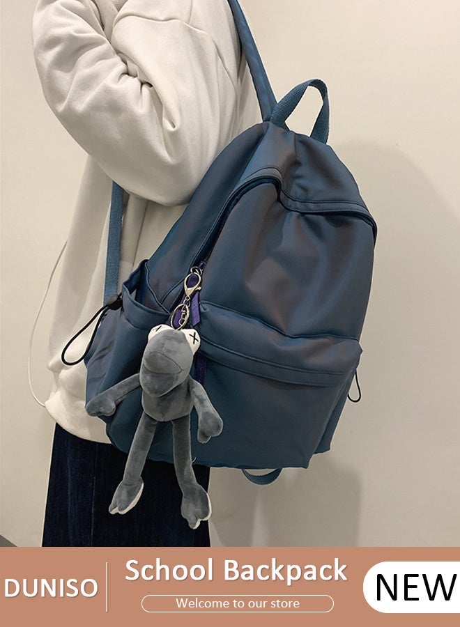 DUNISO Simple And Textured School Backpack With Zipper,Waterproof Backpack For Boys and Girls,Aesthetic Backpack With a Pendant Doll,College Student Laptop Bag,Lightweight And Large Capacity Travel Bag - Image 1