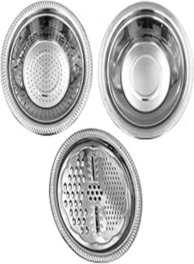 3 in 1 Multipurpose Stainless Steel Basin with Grater, Salad Maker Bowl Kitchen Grater Cheese Grater with Drain Basket, Vegetable Cutter for Vegetables Fruits Cheese Chocolate