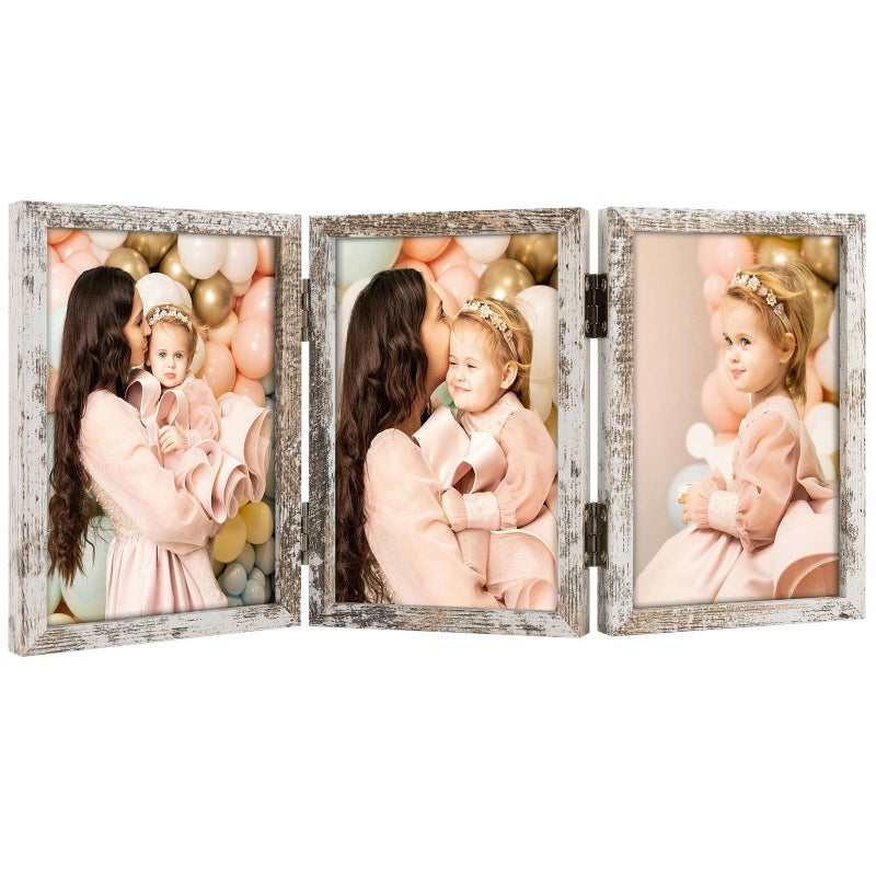 Space Art Deco 4x6 Triple Hinged Frames  3 Folding Picture Frame  Triptych Photo Frame  Stand Vertically on Desktop or Tabletop  Distressed White - Image 1