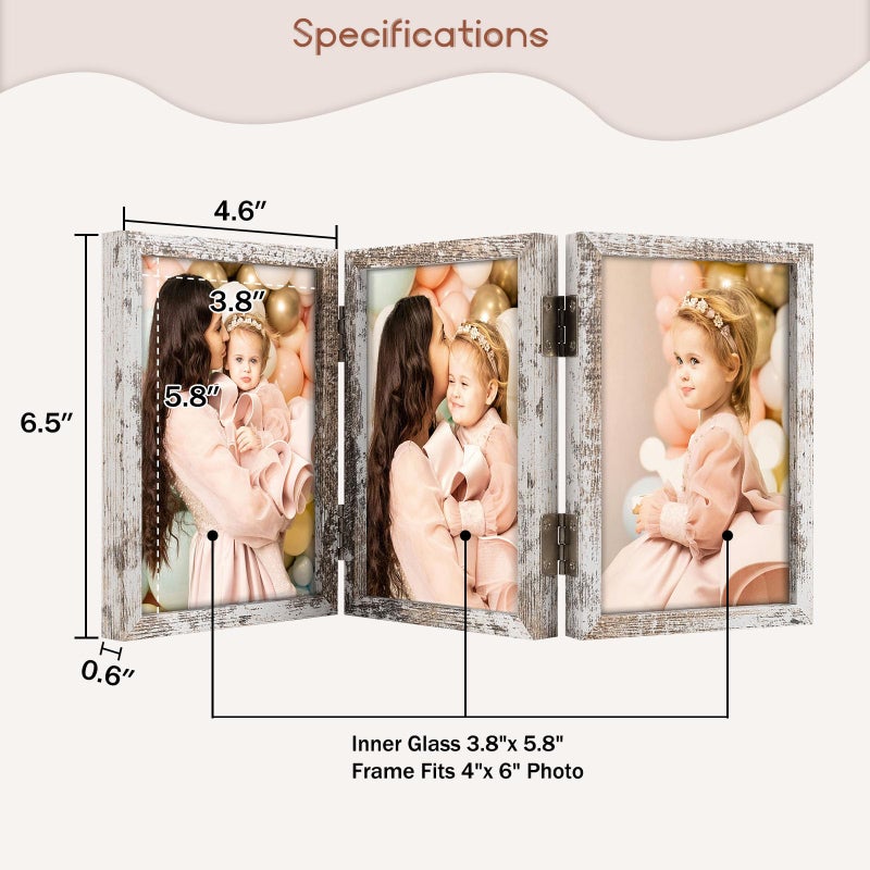 Space Art Deco 4x6 Triple Hinged Frames  3 Folding Picture Frame  Triptych Photo Frame  Stand Vertically on Desktop or Tabletop  Distressed White - Image 2