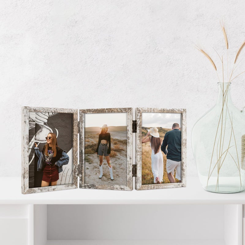 Space Art Deco 4x6 Triple Hinged Frames  3 Folding Picture Frame  Triptych Photo Frame  Stand Vertically on Desktop or Tabletop  Distressed White - Image 3