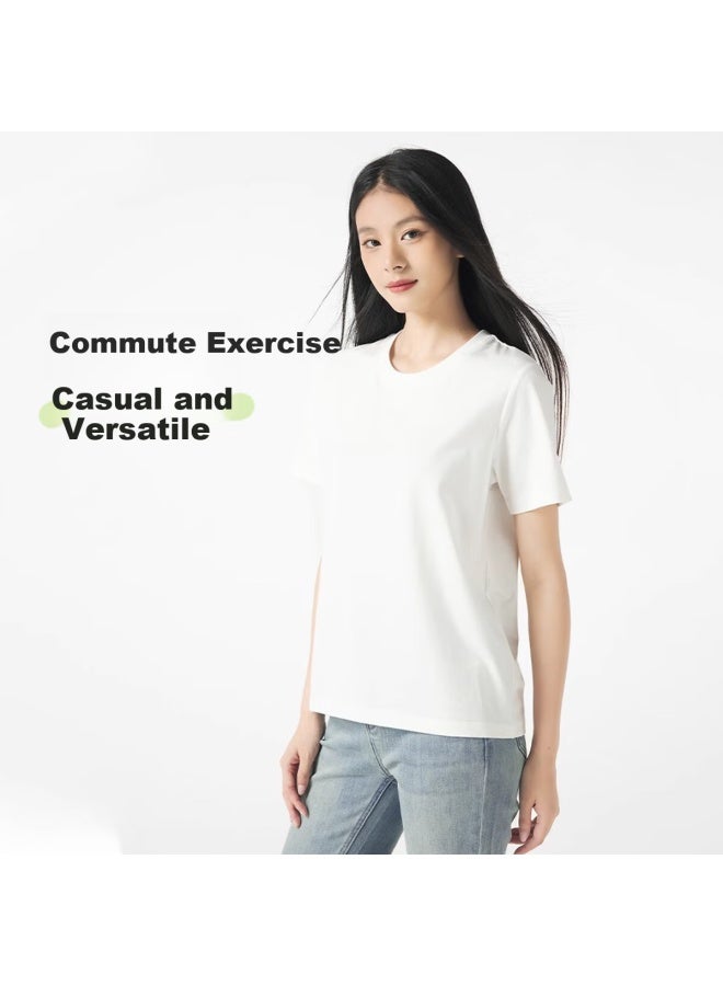 Don't speak Bieyu Tencel Short-sleeve Women's Summer Loose Thin Regular Shoulder Round Neck T-shirt, Commuter Simple Cool-feeling Top, White, S - Image 1