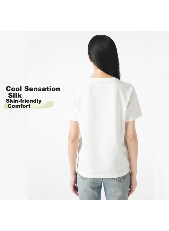 Don't speak Bieyu Tencel Short-sleeve Women's Summer Loose Thin Regular Shoulder Round Neck T-shirt, Commuter Simple Cool-feeling Top, White, S - Image 3