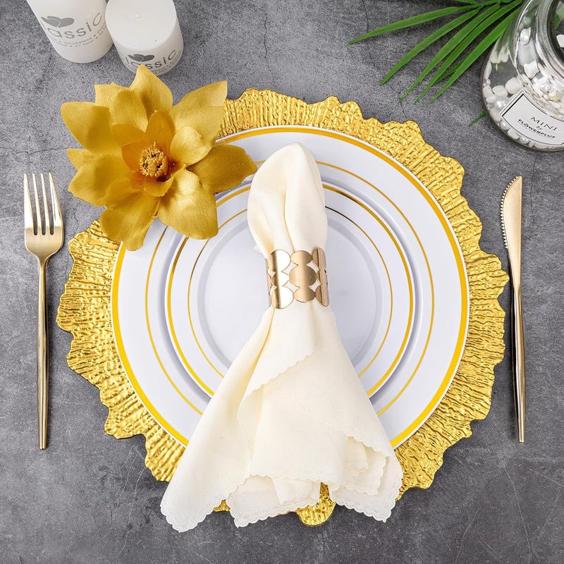 يُسلِّم 20 قطعة من أطباق الشحن الذهبية، أطباق شحن مقاس 13 بوصة بكميات كبيرة، شواحن بحافة مستديرة مكشكشة لأطباق العشاء وشواحن الطاولة لحفلات الزفاف - Image 5