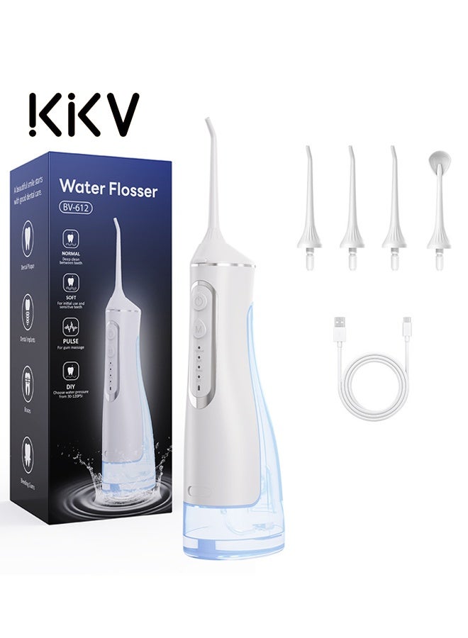 كيلو كيلو فولت جهاز تنظيف الأسنان بالماء اللاسلكي سعة 320 مل، جهاز تنظيف الأسنان المحمول، 4 أوضاع تنظيف و4 رؤوس نفث، مقاوم للماء والغبار بدرجة IPX8 - أبيض - Image 1